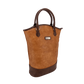 A brown faux leather wine tote bag with two handles and a label 