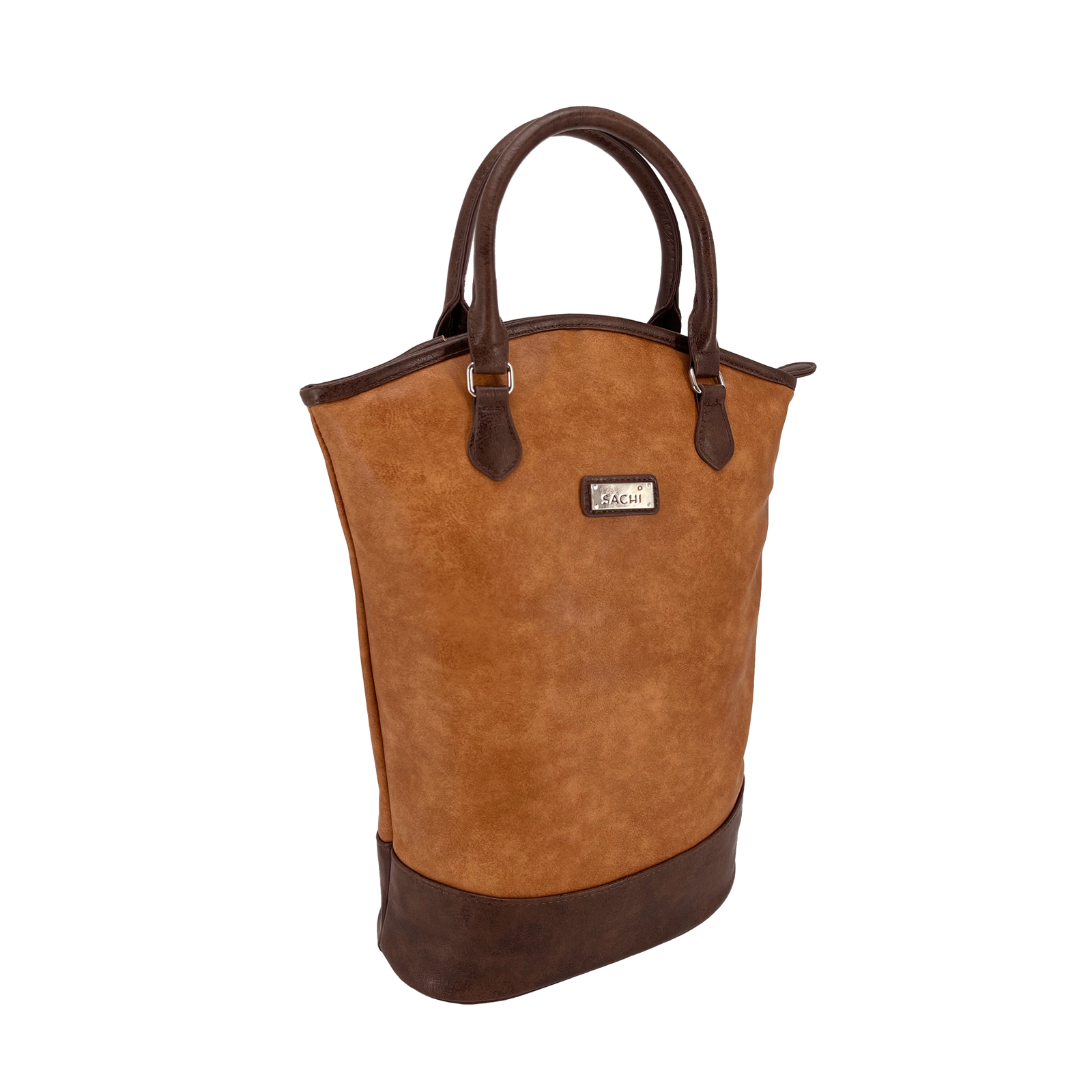 A brown faux leather wine tote bag with two handles and a label 