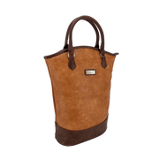 A brown faux leather wine tote bag with two handles and a label 
