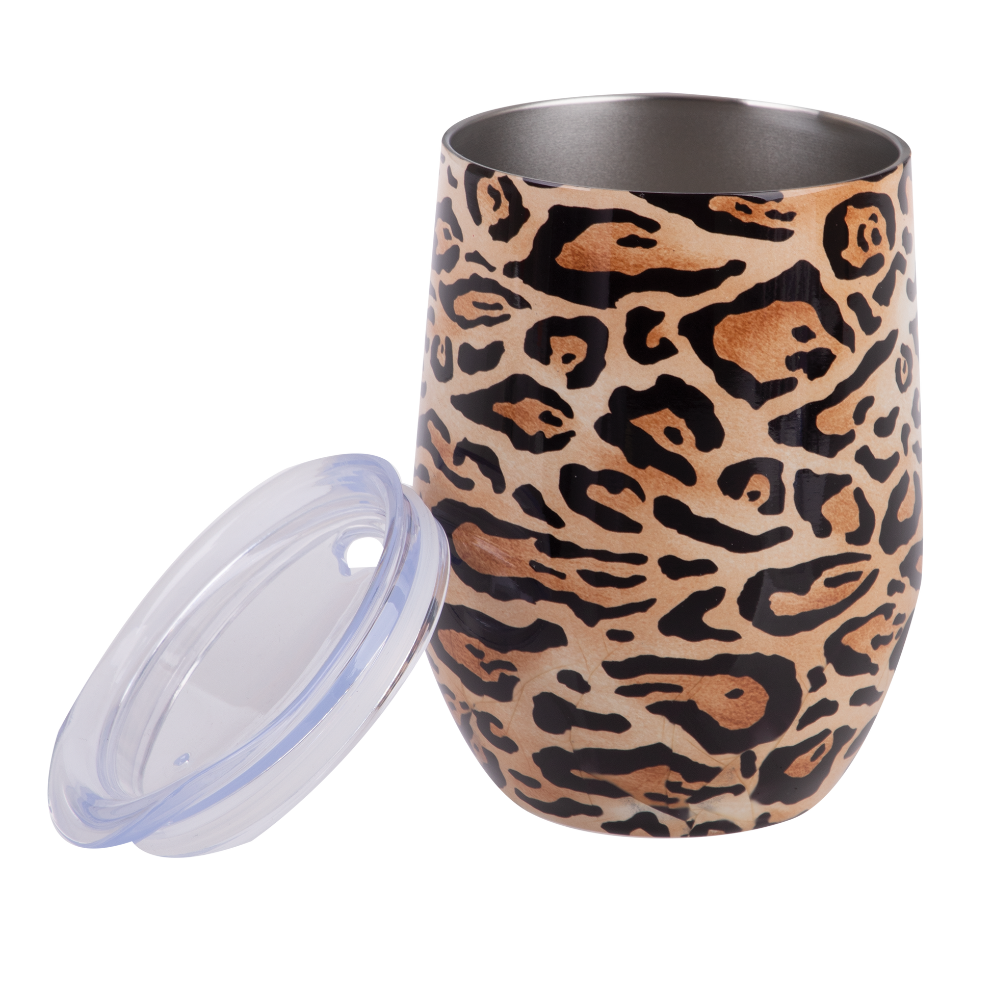 Leopard print stainless steel tumbler with clear lid